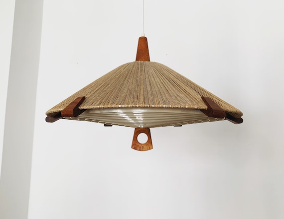 Suspension Temde années 60 en bois de teck et sisal | danois moderne - France