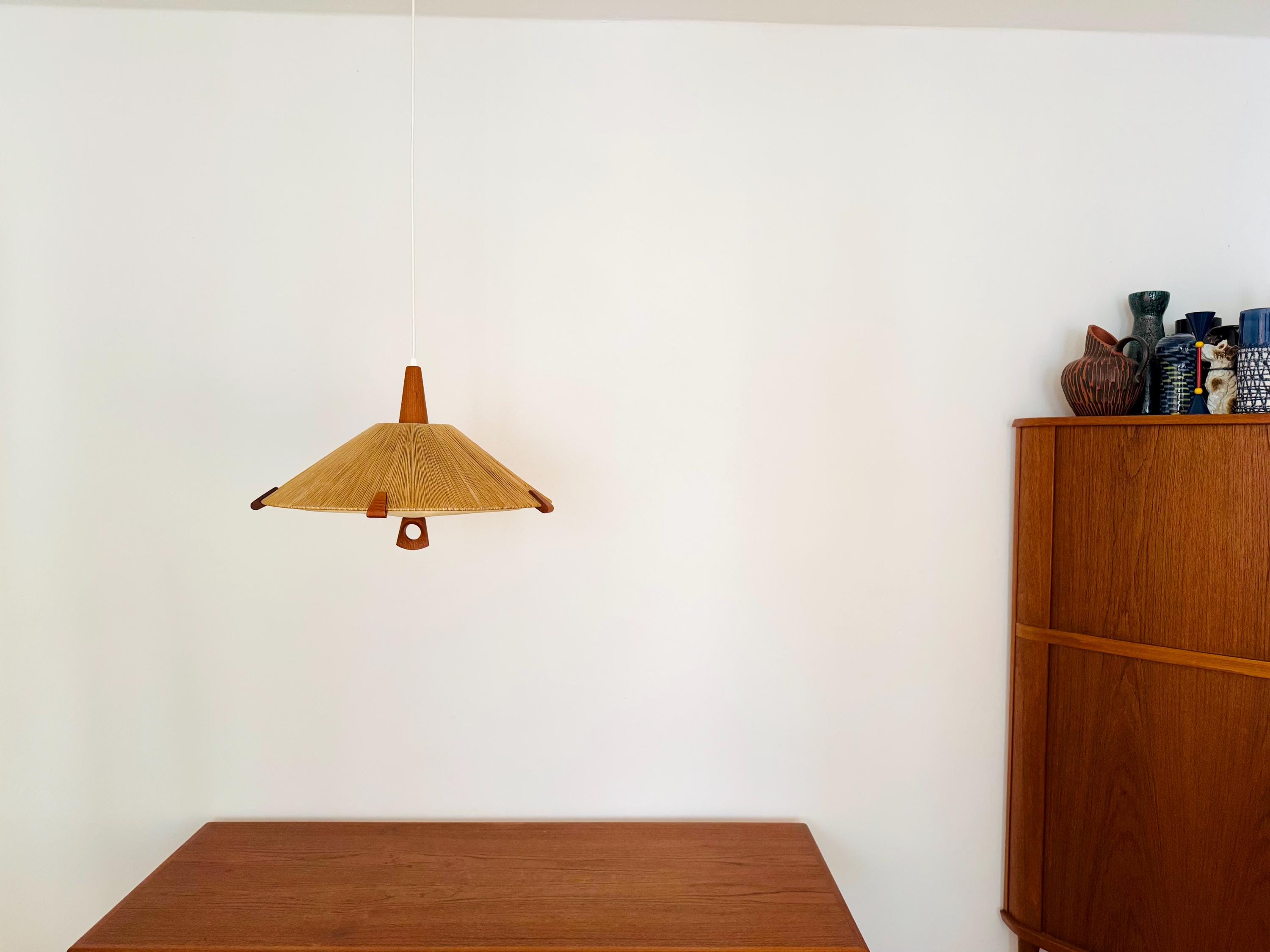 Lampe Suspension Vintage Temde 1960 Teck Et Sisal