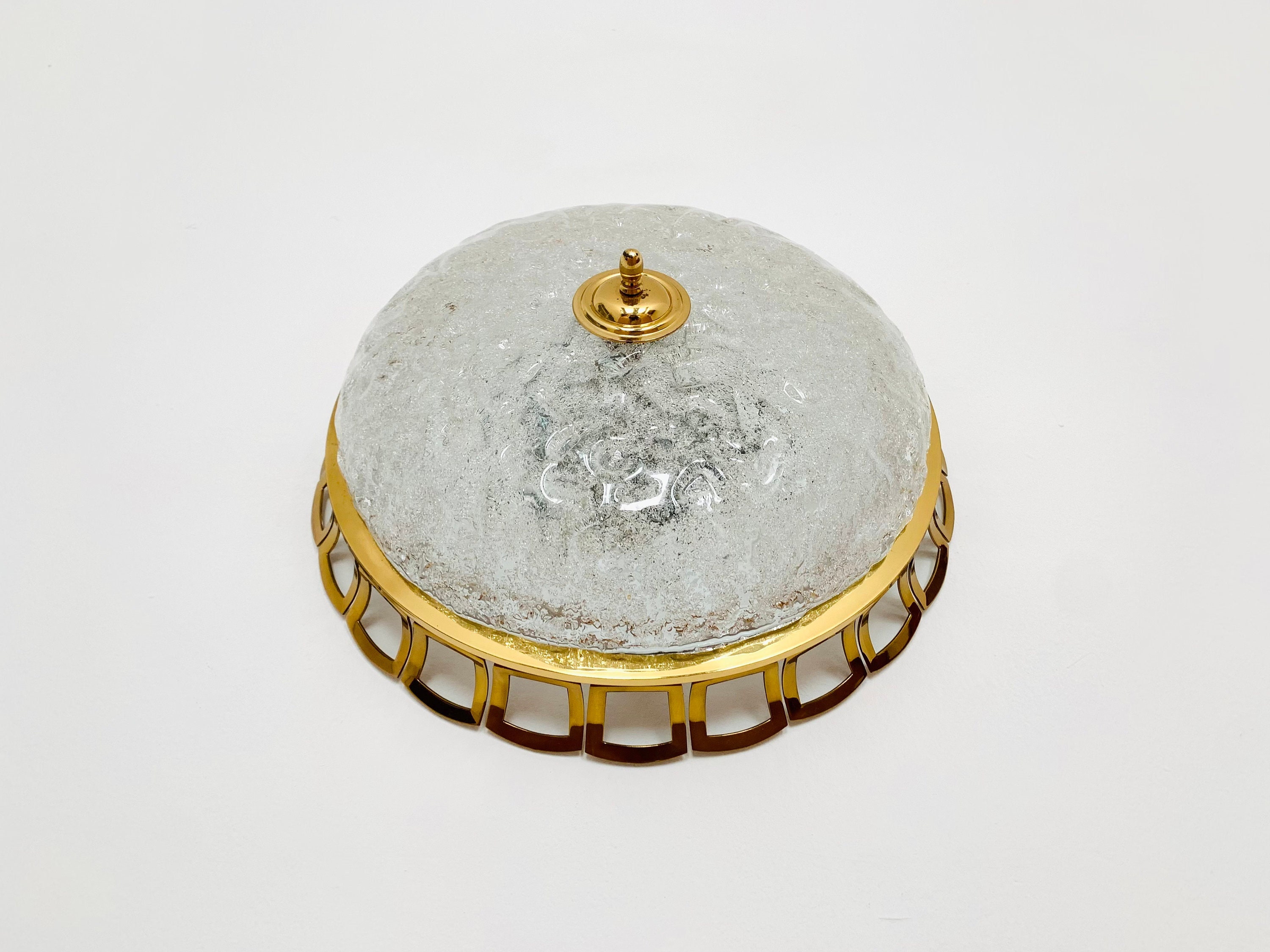 Mid Century Modern Sunburst Ice Glass Flush Light | 1960s