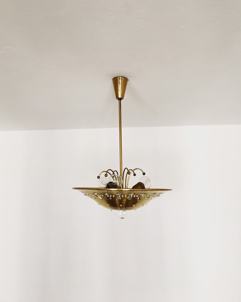 to Palwa luxurious Mid-Century Modern brass and crystal glass chandelier attr 1950s