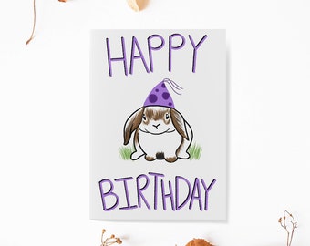 Bunny Rabbit with Party Hat - Cute Illustrated Birthday Greeting Card