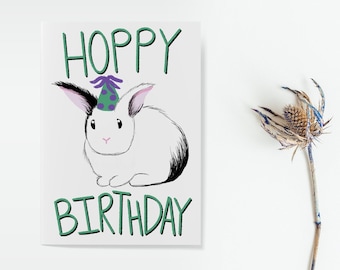 Bunny Rabbit with Party Hat - Hoppy Birthday - Cute Illustrated Funny Birthday Greeting Card