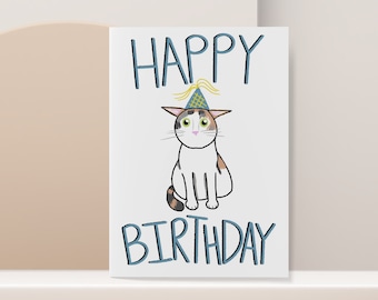 Calico Cat with Party Hat - Cute Illustrated Birthday Greeting Card