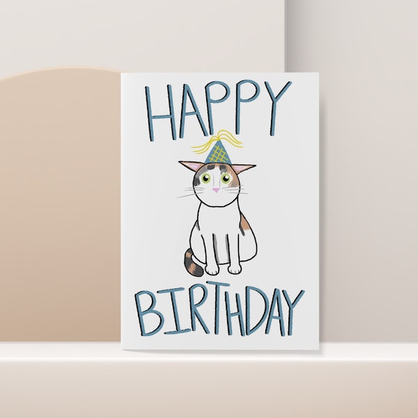Calico Cat with Party Hat - Cute Illustrated Birthday Greeting Card