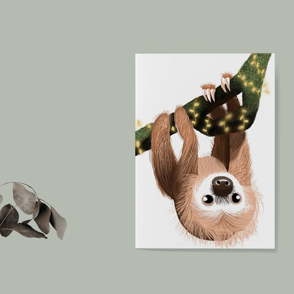 Sloth on Lit Up Branch - Cute Illustrated Christmas Xmas Holiday Greeting Card