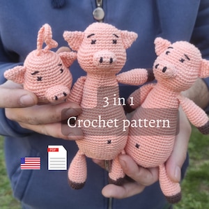 3 in 1 Crochet PATTERN PIG Keychain pattern, Key holder with pull strap, Amigurumi toy pattern, Digital PDF Amigurumi pattern