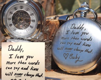 Real Handwriting, Gift for Men, Mechanical, Hand Wind-up, Memorial, Engraved Pocket Watch, Personalized, Handwritten, Double Sided, Custom