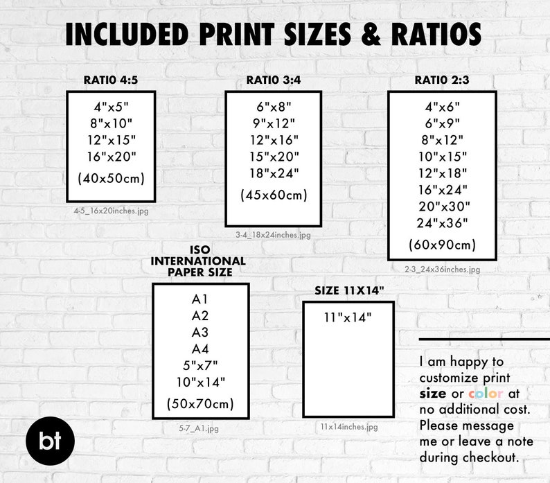 May include: A chart showing different print sizes and ratios for art prints. The chart includes sizes in inches and centimeters. The chart also includes information about ISO international paper sizes. The text on the chart says "I am happy to customize print size or color at no additional cost. Please message me or leave a note during checkout."