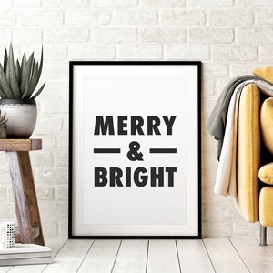 Merry and Bright Printable Wall Art, Christmas Print, Typography Poster, Black and White Xmas Print, Minimalist Holiday Decor, Entryway Sign