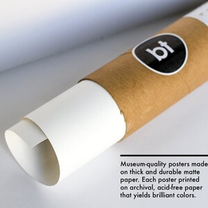 Puede incluir: Un p&oacute;ster enrollado en un tubo de cart&oacute;n. El p&oacute;ster est&aacute; impreso en papel de archivo libre de &aacute;cido y est&aacute; hecho con tintas de calidad muse&iacute;stica. El texto en el tubo dice: "P&oacute;sters de calidad muse&iacute;stica hechos en papel mate grueso y duradero. Cada p&oacute;ster est&aacute; impreso en papel de archivo libre de &aacute;cido que produce colores brillantes."