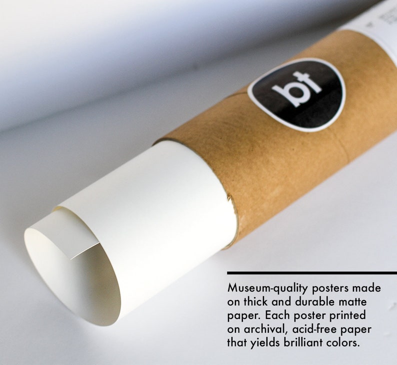 Puede incluir: Un p&oacute;ster enrollado en un tubo de cart&oacute;n. El p&oacute;ster est&aacute; impreso en papel de archivo libre de &aacute;cido y est&aacute; hecho con tintas de calidad muse&iacute;stica. El texto en el tubo dice: "P&oacute;sters de calidad muse&iacute;stica hechos en papel mate grueso y duradero. Cada p&oacute;ster est&aacute; impreso en papel de archivo libre de &aacute;cido que produce colores brillantes."