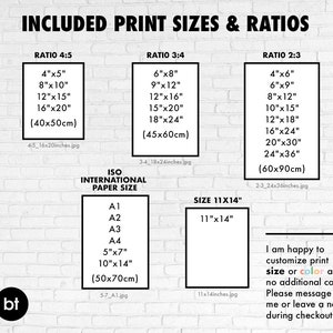 May include: A graphic detailing print sizes and ratios, including 4x5, 3x4, and 2x3 ratios, with sizes in inches and centimetres. The image also lists ISO paper sizes and a 11x14 inch option. Text states customization of size or colour is available.