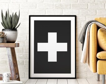 Swiss Cross Printable Wall Art, Plus Symbol, Black & White , Modern Typography Print, Affiche Scandinave, Minimalist Cross, Instant Download