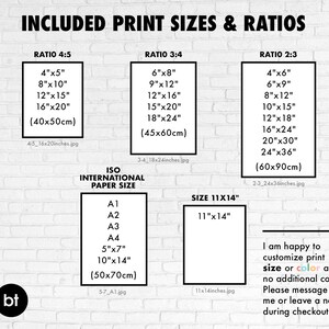Op de afbeelding: Een grafiek met verschillende afdrukformaten en verhoudingen voor kunstafdrukken. De grafiek bevat formaten in inches en centimeters. De grafiek bevat ook informatie over ISO-internationale papierformaten. De tekst op de grafiek luidt: "Ik ben blij om de afdrukmaat of kleur aan te passen zonder extra kosten. Stuur me een bericht of laat een notitie achter tijdens het afrekenen."