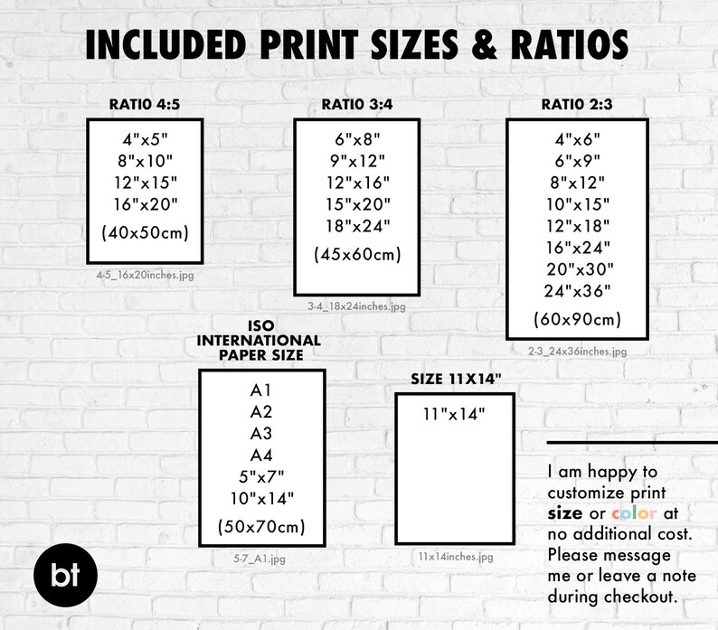 Op de afbeelding: Een grafiek met verschillende afdrukformaten en verhoudingen voor kunstafdrukken. De grafiek bevat formaten in inches en centimeters. De grafiek bevat ook informatie over ISO-internationale papierformaten. De tekst op de grafiek luidt: "Ik ben blij om de afdrukmaat of kleur aan te passen zonder extra kosten. Stuur me een bericht of laat een notitie achter tijdens het afrekenen."