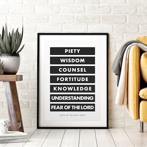 7 Gifts of The Holy Spirit, Printable Wall Art, Christian Poster, Bible Verse Sign, Typography, Black & White, Christian Gifts, Downloadable