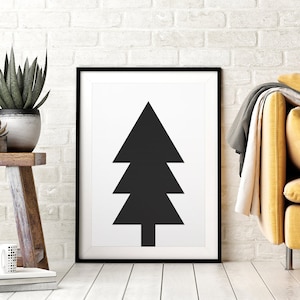 Arbre de Noël moderne noir et blanc DIY Art mural imprimable, impression d’affiche minimaliste, décoration de maison de vacances