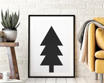 Modern Black & White Christmas Tree DIY Printable Wall Art, Minimalist Poster Print, Holiday Home Decor