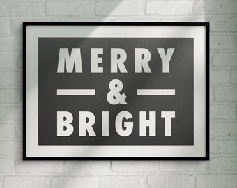 Merry and Bright Printable Wall Art, Christmas Print, Typography Poster, Black and White Xmas Print, Minimalist Holiday Decor, Entryway Sign