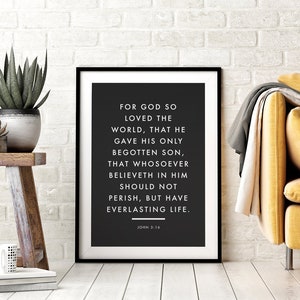 John 3:16 Bible Verse Printable Wall Art, For God So Loved The World, Christian Art Gift, Bible Quote, Black and White, Downloadable