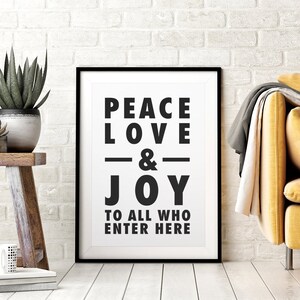 Enseigne imprimable DIY Peace Love & Joy, impression de Noël minimaliste, affiche de typographie, noir et blanc, décoration d&#39;entrée de vacances