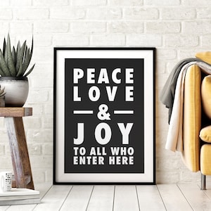 Enseigne imprimable bricolage paix, amour et joie, impression minimaliste de citation de Noël, affiche de typographie, noir et blanc, décoration d&#39;entrée de vacances
