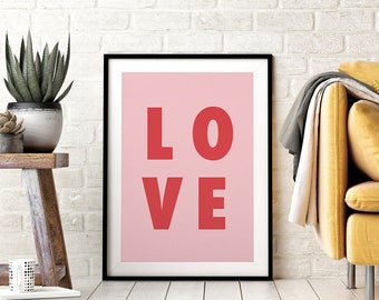 Love Printable Wall Art, Modern Girls Bedroom Decor, Pink and Red, Love Poster, Love Sign, Modern Bold Typography,  Downloadable Art