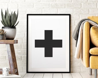 Swiss Cross Printable Wall Art, Plus Symbol, Black & White , Modern Typography Print, Affiche Scandinave, Minimalist Cross, Instant Download