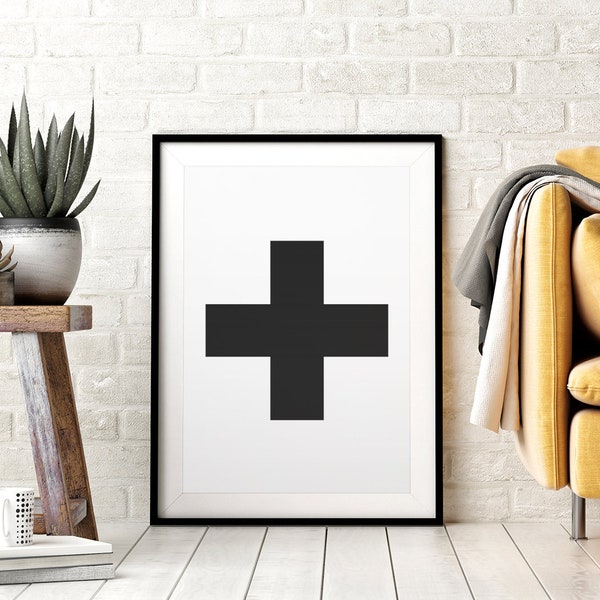 Swiss Cross Printable Wall Art, Plus Symbol, Black & White , Modern Typography Print, Affiche Scandinave, Minimalist Cross, Instant Download