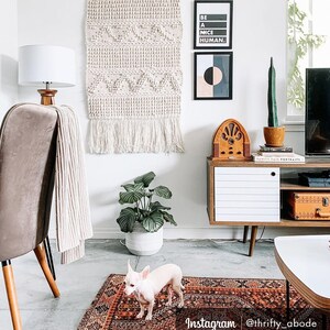 May include: A living room interior with a white wall, a white lamp, a brown leather chair, a white throw blanket, a white planter with a green plant, a white and brown mid-century modern cabinet, a vintage radio, a framed print with the text "Be a Nice Human", a framed print with a geometric design, a small white dog, and a brown and red patterned rug.