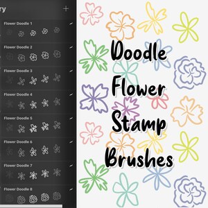 以下が含まれることがあります： 8つの落書きの花のスタンプブラシのセット。ブラシはピンク、ブルー、グリーン、イエロー、パープルなど、さまざまな色とスタイルがあります。テキスト「Doodle Flower Stamp Brushes」は黒文字です。
