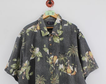 METRO ONE Hawaiian Cotton Shirt Flora XLarge Vintage Full Button Down Hawaii Surf Style Shirt Mens Size XL