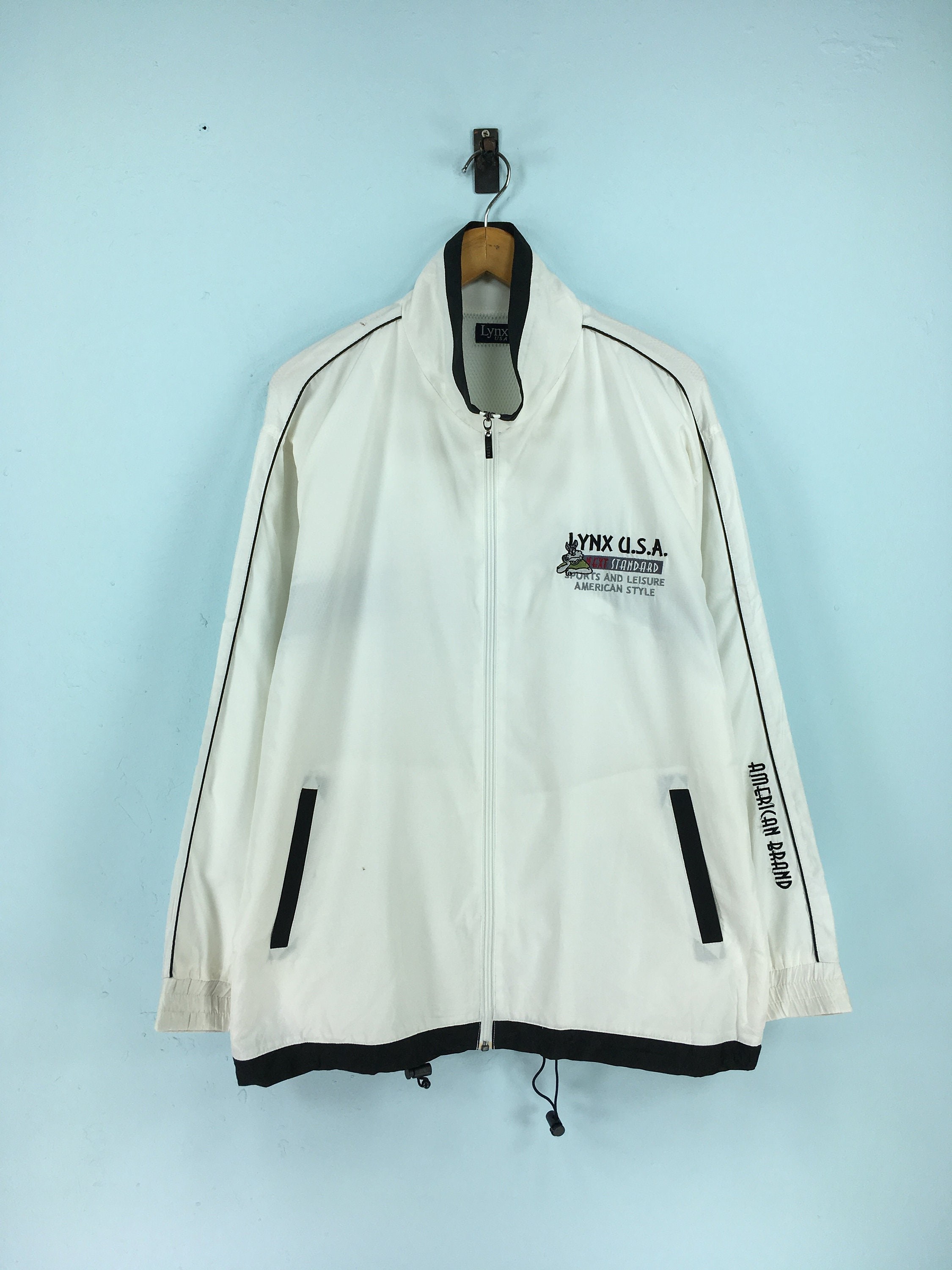 Lynx USA Windbreaker Jacket Large Unisex Vintage Lynx Sportswear Jacket Lynx Fashion Style Rap Tees Swag White Light Zipper Jacket Size L