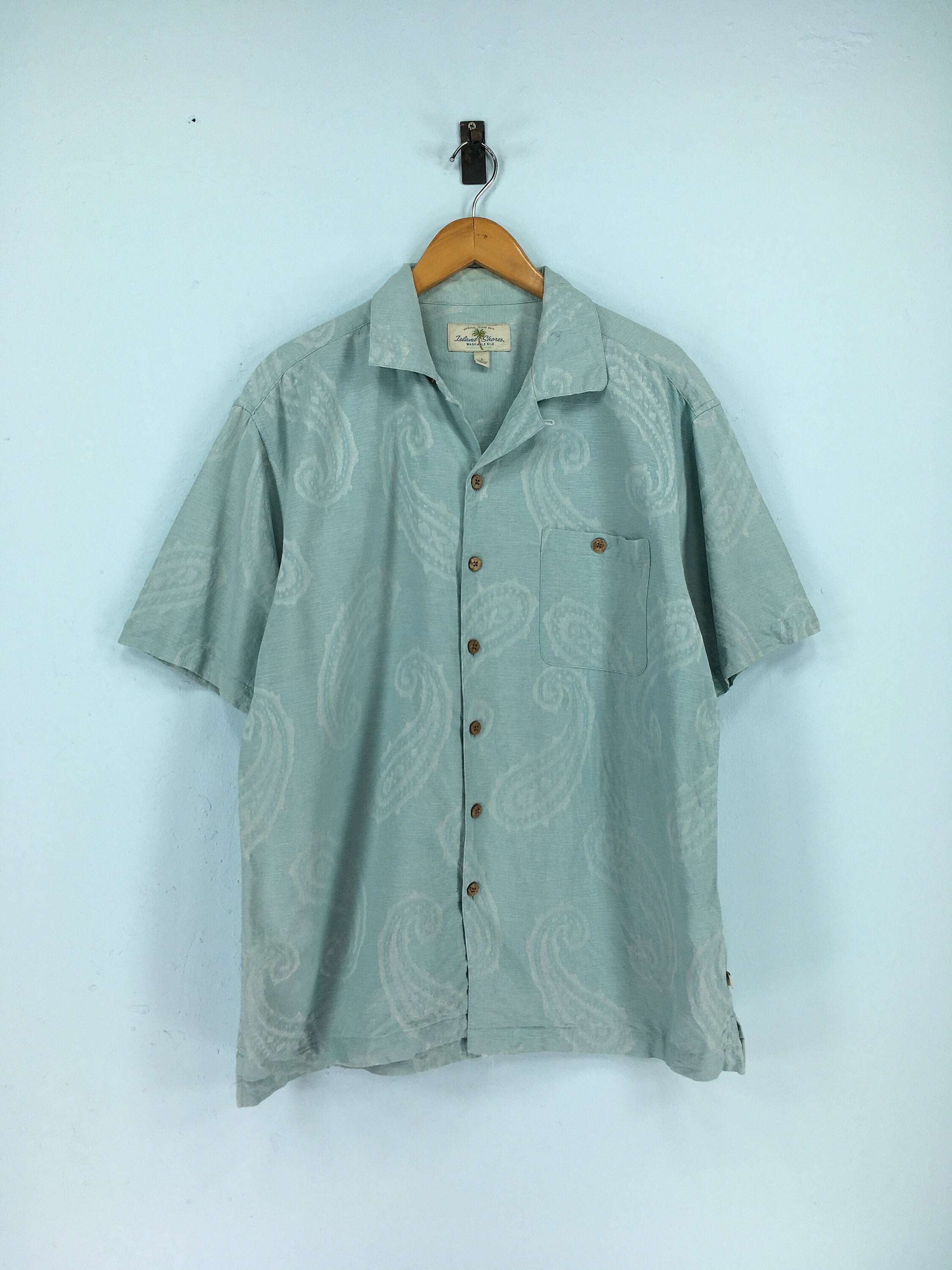 ISLAND SHORES Hawaiian Silk Shirt Mens 