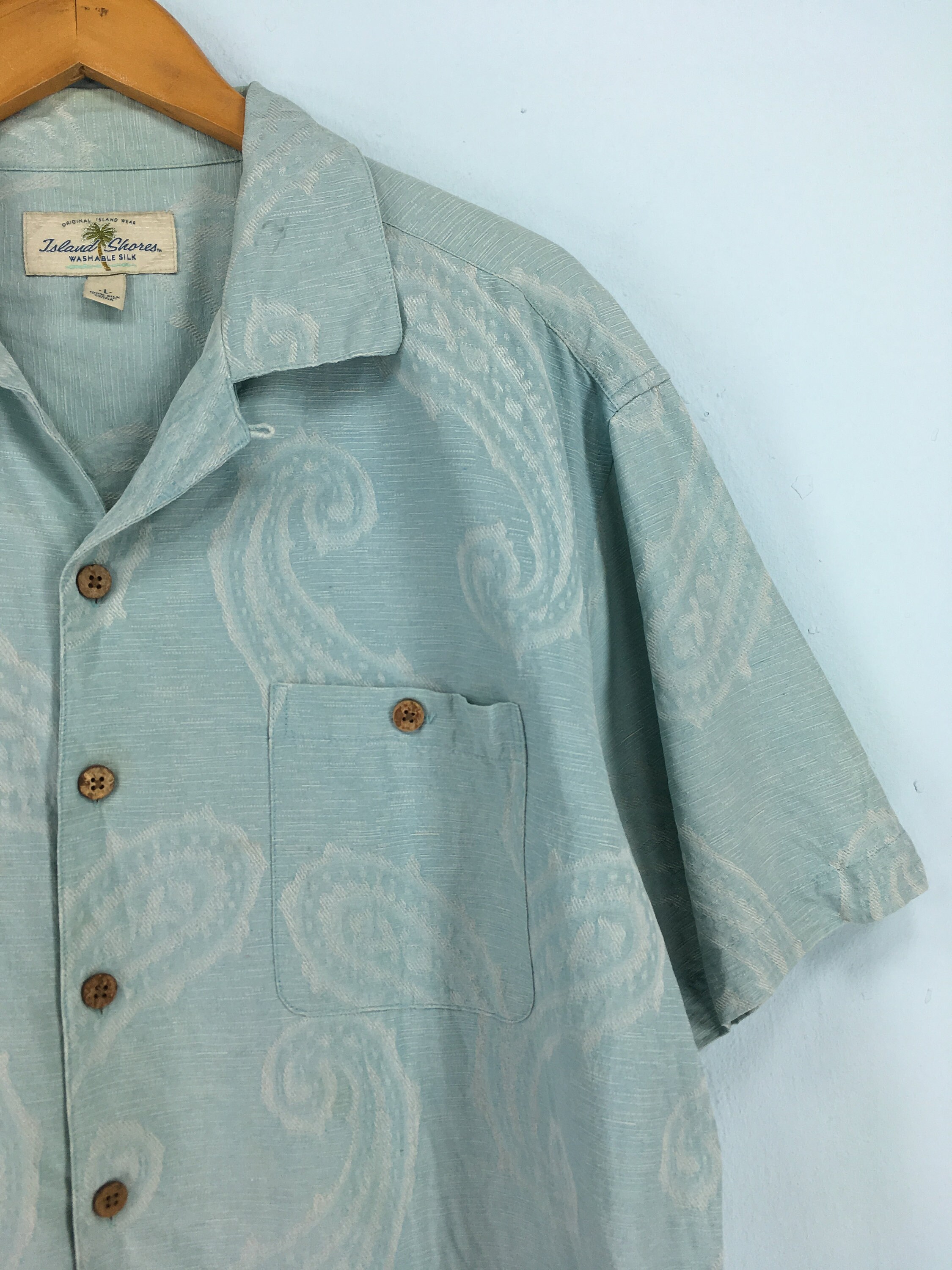 ISLAND SHORES Hawaiian Silk Shirt Mens 