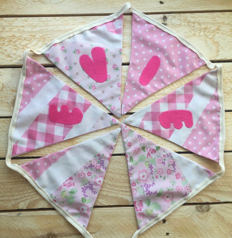 5 FLAGS PINK PERSONALISED BUNTING FLAGS ~ FABRIC LETTER BUNTING ~ BABY GIRL GIFT