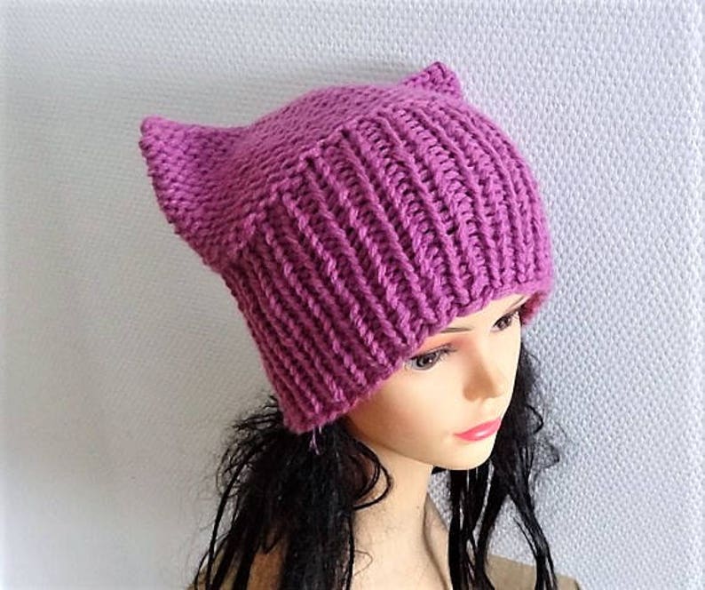 Pink Cat hat Chunky beanie Knit hat Animals Hat cat ears hat women pussyhat Pink pussy hat Knit cat Hat Pink girls pussyhat Feminist hat image 7