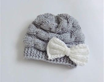 Knit Baby Hat Baby girl Hat , Newborn Hat , Baby girl hat , Girl Outfit , Photo Prop hat ,grey hat with bow , Infant Hat Toddler Girl Hat