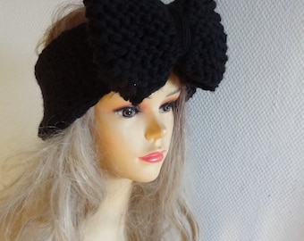Handmade Knit Bow Headband: Acrylic Linen Blend Head Wrap