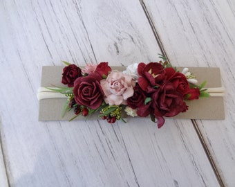 Burgundy Flowers crown - Rose Headband - newborn headband - girls flowers crown- soft baby headband Flowers girls summer headband