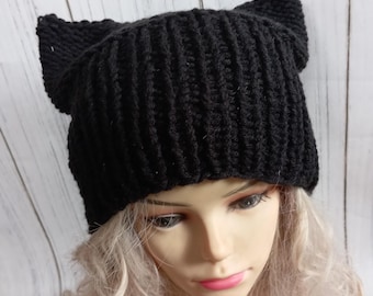 Black Cat Ear Beanie: Chunky Knit Pussyhat