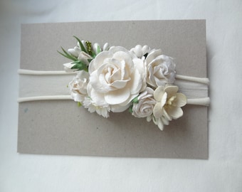 White and ivory Flowers Headband - Rose Headband - newborn headband - girls crown- soft headband -  baby headband girls flowers crown