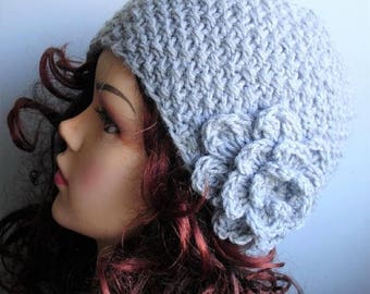 Hand knit beanie hat with crochet flower in GRAY women fashion - autumn accessories - women cloche with flower -crochet flower womens outfit