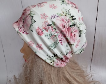 Berretto morbido reversibile, morbido floreale, copricapo chemioterapico, cappello chemioterapico, cappello in cotone, berretto da donna, cappello in jersey, cappelli per pazienti oncologici TAGLIE