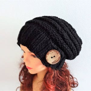 Hand Knit Hat beret women knit hat slouchy women Beanie Chunky Knit Winter Fall Accessories Slouchy Knitted beanie hat with button BLACK hat