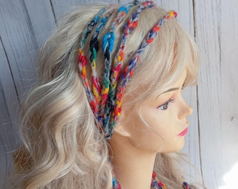 Braided Crochet Headband: Rustic Rainbow Hair Accessory
