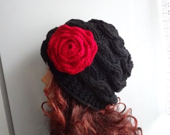 Strickmütze mit Rose - Wintermütze, Strickmütze, Strickmütze mit Zopfmuster, Geschenk für Frauen
