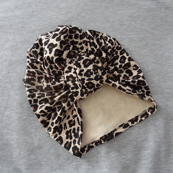 Leopard print turban hat , hospital hat, baby bow hat, turbans for tots , sitter turban hat, turban head wrap, baby bow turban hat