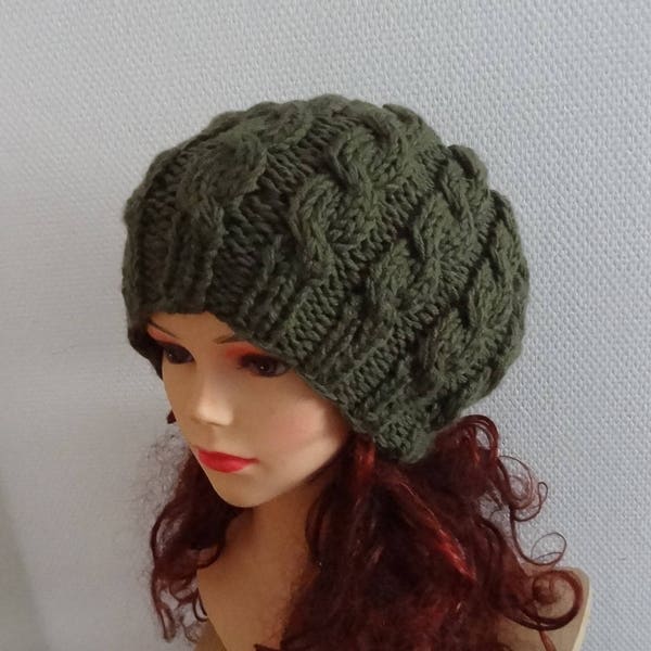 Hand Knit cable Hat women  beret cable knit beret women Slouchy Beanie Knit Hat Chunky Knit Winter Fall Accessories khaki Knitted beret