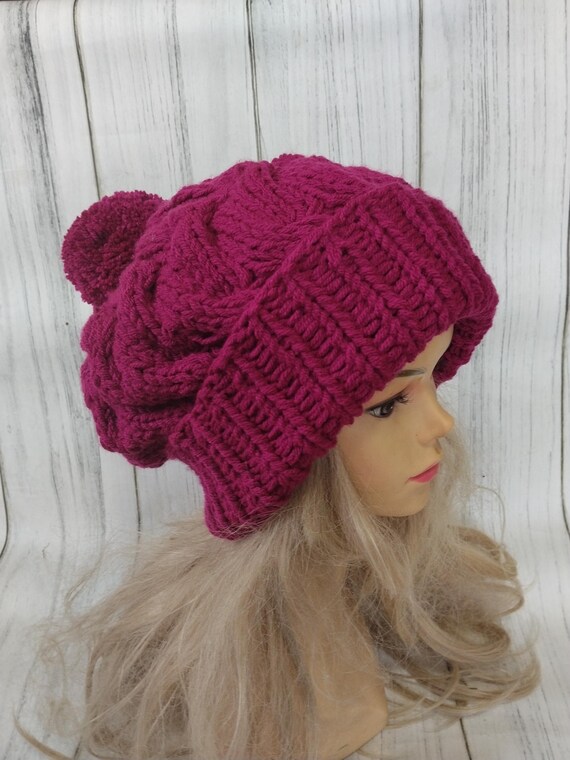 Hand Knit Slouchy Beanie With Pompom - Oversized Winter Hat  display picture 3